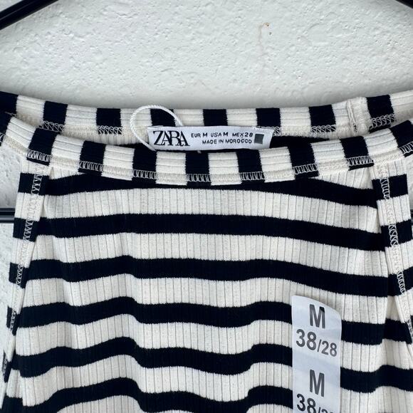 NWT ZARA Ribbed Minimalist Halter Black & White Striped Tank Top Womens Sz M - Picture 4 of 6